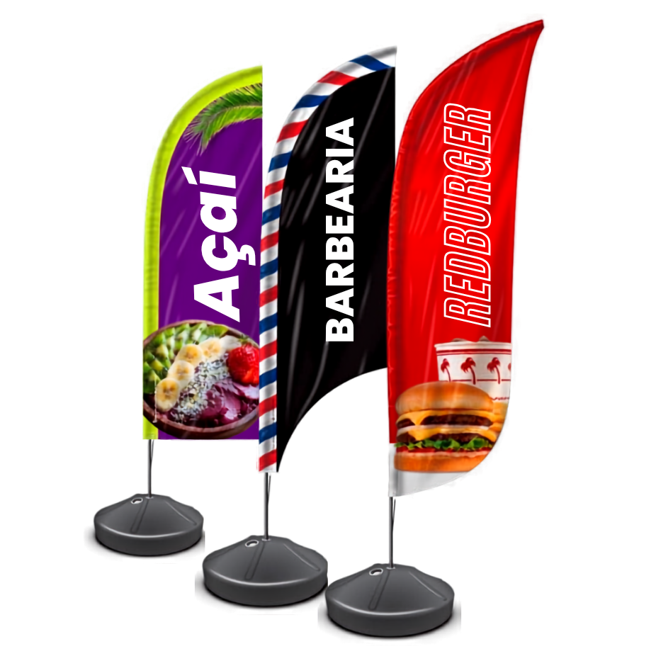 Wind banners personalizados: açaí, barbearia e hamburgueria